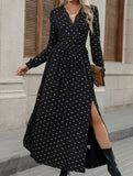 Retro Lace V-Neck Bowknot Print Long Sleeve Dress