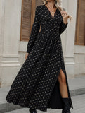 Retro Lace V-Neck Bowknot Print Long Sleeve Dress