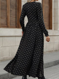 Retro Lace V-Neck Bowknot Print Long Sleeve Dress