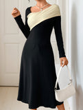 Swing irregular V-neck color-block dress
