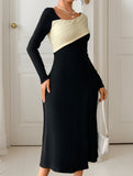 Swing irregular V-neck color-block dress