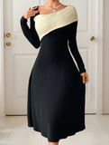 Swing irregular V-neck color-block dress
