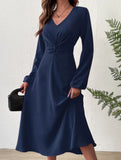 Fashionable V-neck lantern long-sleeved dress