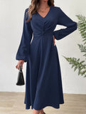 Fashionable V-neck lantern long-sleeved dress