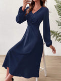 Fashionable V-neck lantern long-sleeved dress