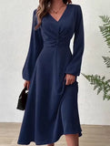 Fashionable V-neck lantern long-sleeved dress