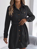 Casual single-breasted long-sleeved tie shirt dress