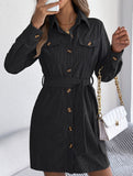Casual single-breasted long-sleeved tie shirt dress