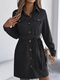 Casual single-breasted long-sleeved tie shirt dress