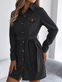 Casual single-breasted long-sleeved tie shirt dress