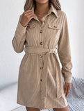 Casual single-breasted long-sleeved tie shirt dress