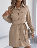 Casual single-breasted long-sleeved tie shirt dress