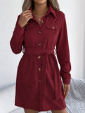 Casual single-breasted long-sleeved tie shirt dress