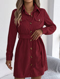 Casual single-breasted long-sleeved tie shirt dress