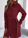 Casual single-breasted long-sleeved tie shirt dress