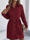 Casual single-breasted long-sleeved tie shirt dress