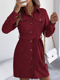 Casual single-breasted long-sleeved tie shirt dress