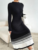 Pleated black and white striped sweater dress