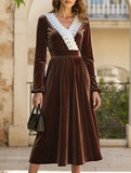 Lace V-neck long-sleeved velvet dress