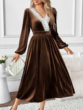 Lace V-neck long-sleeved velvet dress