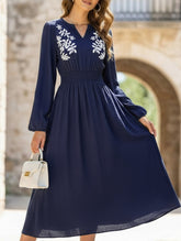 Waist V-neck blue embroidered dress