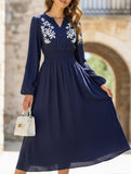 Waist V-neck blue embroidered dress