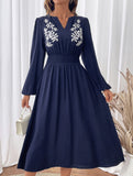 Waist V-neck blue embroidered dress