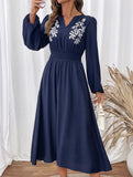 Waist V-neck blue embroidered dress