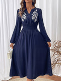 Waist V-neck blue embroidered dress