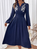 Waist V-neck blue embroidered dress