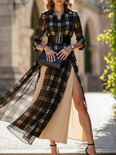 Retro Slit Plaid Long Sleeve Dress