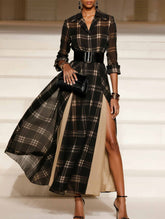 Retro Slit Plaid Long Sleeve Dress