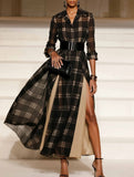 Retro Slit Plaid Long Sleeve Dress