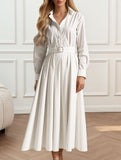 Shirt-belt pleated long dress