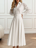 Shirt-belt pleated long dress