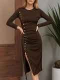 Fashion round neck slim fit metal button slit dress