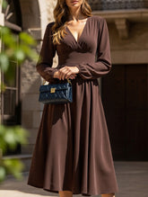 Solid color V-neck long-sleeved brown dress