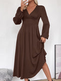 Solid color V-neck long-sleeved brown dress