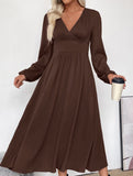 Solid color V-neck long-sleeved brown dress
