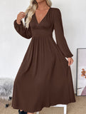 Solid color V-neck long-sleeved brown dress