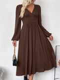 Solid color V-neck long-sleeved brown dress