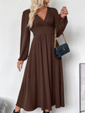 Solid color V-neck long-sleeved brown dress