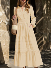 V-neck pleated waist tiered long-sleeved dress