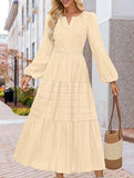 V-neck pleated waist tiered long-sleeved dress