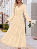 V-neck pleated waist tiered long-sleeved dress