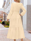 V-neck pleated waist tiered long-sleeved dress