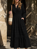 V-neck pleated waist tiered long-sleeved dress