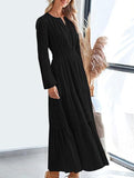V-neck pleated waist tiered long-sleeved dress