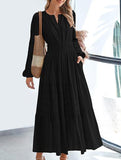 V-neck pleated waist tiered long-sleeved dress