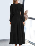 V-neck pleated waist tiered long-sleeved dress